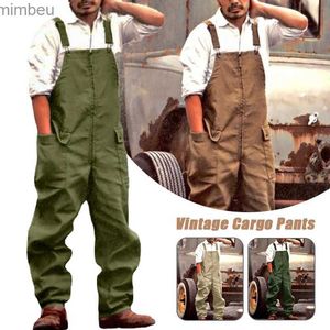 Mäns jeans Nya män retro Bibb Lossa stor storlek Fashion Casual Brown Green Painter Workwear Jumpsuit Autumn and Winter Byxor Justerablel240111