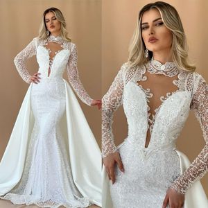 Glamourosa sereia vestidos de casamento trem destacável lantejoulas gola alta vestidos de noiva frisado mangas compridas vestidos de noiva feitos sob encomenda