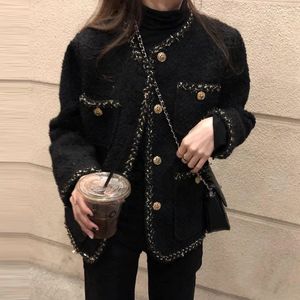 Koreanische Woll Tweed Mantel Frauen Schwarz Herbst Winter Langarm Kurze Jacke Büro Dame Klassische Taste Kawaii Vintage Outwear SXl 240112