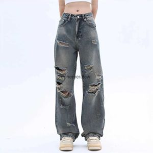 Damskie spodnie dżinsowe Capris panie rozerwały luźne szeroką nogę y2k Nowy pranie proste koreańskie retro w stylu ulicznym dżinsowe spodnie damskie