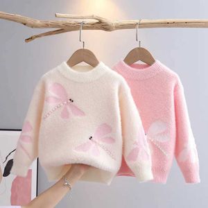 Pullover ładny sweter dziecięcy jesienna zima 2023 Baby Dragonfly wzór pullover dna koszula dziewczyny w stylu preppy swatery gy09221l2401