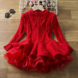 Pullover Girls Autumn/Winter Knited Sweter Kids Kids Princess Ubrania na przyjęcie urodzinowe Czerwone Boże Narodzenie długie rękawy Vestidosl2401