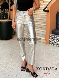 Kadın Pantolon Capris Kondala Street Giyim Gümüş Pu Kadın Yüksek Bel Cepleri Düz Pantolon Moda 2023 Y2K Kız Parlak Kadın