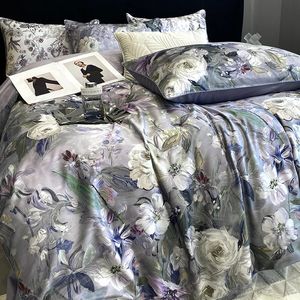 100S Egyptian Cotton Vintage Oil Painting Style Plant Flowers Pattern Bedding Set Soft Silky Duvet Cover Bed Sheet Pillowcases 240112