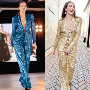 2-teiliger Pant-Anzug Prom-Kleid-Paillettenblazer Jacke Lady Festzug formeller Abend Braut Spezialanlass Gala roter Teppich Landebahn High Taille Hose Jumpsuit Strampler Gold