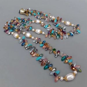 YYGEM Natural Cultured Freshwater White Rice Pearl Multi Color Top-Drilled Teardrop Crystal Long Necklace 49 240111