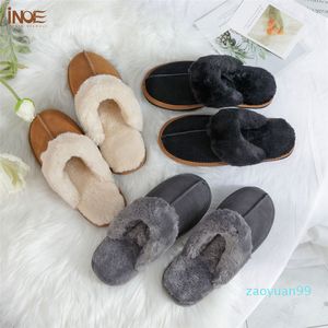 Slippers INOE Cow Suede Leather Plush Fur Lined Women Casual Winter Half Indoor Home Shoes Warm Comfortable House Leisure Flats