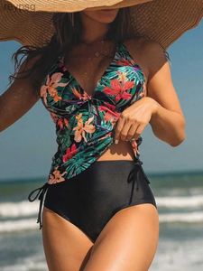 Women's Swimwear Floral Print Tankini Sets Drawstring Side V Neck Halter Women Bikini Two Pieces Swimsuit High Waisted Bathing Suits YQ240112