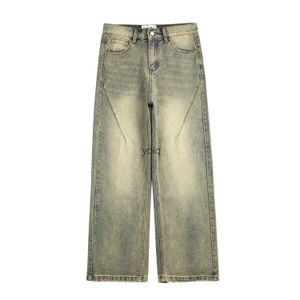 Mäns jeans vintage överdimensionerade split dekonstruerade breda jeans för män gul d färgade tvättade nödställda breda ben jeans katt whisker denim pantyolq