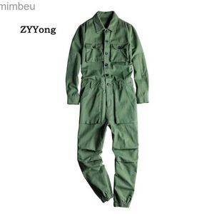 Men's Jeans Men's Jumpsuit Long Sleeve Lapel Beam Feet Cotton Overalls Hip Hop Streetwear Loose Cargo Pants Green Black Freight TrousersL240111