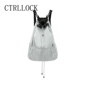 Ctrllock Techwear Normcore Grey Nylon Lightweight Large Capacity Mesh Ryggsäck Kvinnor DrawString Strap Pocket School Bag 240112