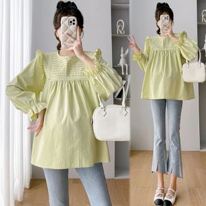 Sweet Maternity Bluses Autumn Spring Korean Fashion Long Sleeve Shirts kläder för gravida kvinnor Ruffle graviditet Löst toppar 240111