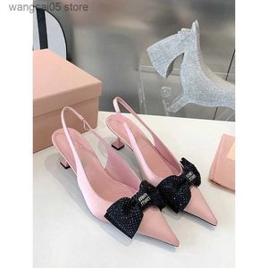 Sandals High Heel Girl Summer Shallow Mouth Pointed 2023 New Fairy Bow Pink Temperament Sandals Girl T240112