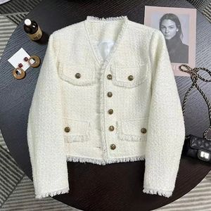 Lucyever French Style Tweed Ceket Katlar Kadınlar Zarif Vneck Tek Kelime Kürüst Giyim Kadın Kore Moda Siyah Beyaz Ceketler 240112