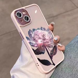 豪華な紫色のピンクローズ透明な電話ケースiPhone 14 11 12 13 15 Pro Max Plus Glitterカメラレンズ保護アクリルカバーブルーケース100pcs