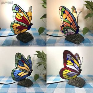 Night Lights Stained Glass Butterfly Lamps With US/EU/UK/AU Plug In E27 LED Bedroom Bedside Light for Table Night Fixtures YQ240112