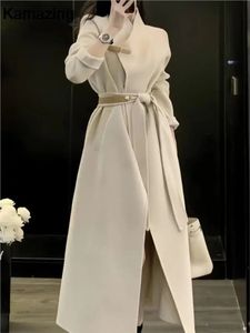 Elegancki damski, długi wełniany płaszcz z jesiennym paskiem zima moda solidne długie rękawy modny damski płaszcz o wysokiej jakości 240112