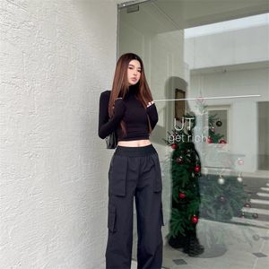 Calças casuais femininas cintura alta preto workwear calças com zíper cintura americana rua legal e elegante primavera estilo versátil