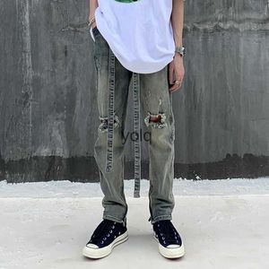 Men's Jeans Hip Hop Washed Droyed Jean Pant Slim Fit Mens Streetwear Knee Hole Long Ribbon Jeans Vintage Distressed Skinny Denim Trousersyolq