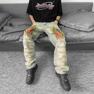 Men's Jeans Funny Virgin Mary Embroidery Men Straight Leg Pants Denim Hip Hop Washed Droyed Jean for Male Baggy Casual Ripped Jeans Pantsyolq