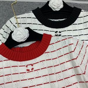 Women's Knits & Tees Designer O-Neck Short Sleeve Color Block Embroidery Hollow Out Knitted Sweater Tees Shirts SMLXL GSYZ