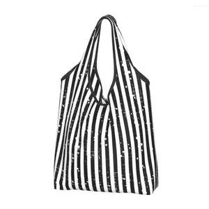 Sacos de compras preto e branco listras mercearia tote mulheres bonito shopper bolsa de ombro grande capacidade bolsa