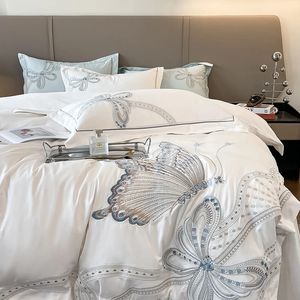 100% algodão egípcio luxo borboleta bordado conjunto de cama casamento capa edredão flatfitted folha fronhas 240112