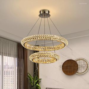 Lustres modernos simples luz luxo cristal de aço inoxidável lustre sala estar quarto jantar escada duplex villa anel