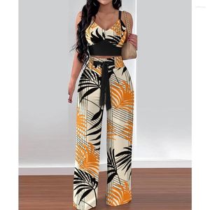 Kvinnors tvåbitar byxor Wepbel Tropical Print Shirred Crop Top High midja Set Suspenders Kvinnor Summer Beach Wear Camis Tops Wide Leg