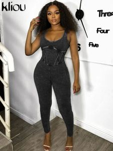 Kliou Heavy Solid Jumpsuits Women Casual Concise Ruched Spaghetti Strap Bodyshaping Overalls Female Daily Street Outside Outfit 240112