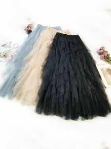 Mode Tutu Tüll Rock Frauen Lange Maxi Frühling Sommer Koreanische Schwarz Rosa Hohe Taille Gefaltete Weibliche 240112