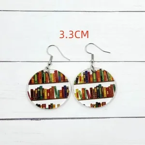 Dangle Earrings Creative Acrylic Library Bookshelf Print Fashion Book Lovers Geometry Round Teardrop Wood Pendant For Woman