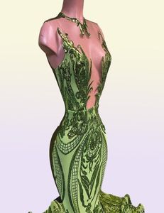 Funkelnde Pailletten, olivgrüne Meerjungfrau, afrikanische Ballkleider, schwarze Mädchen, Juwelenhals, Illusion, langes Abschlusskleid, formelle Größe, Se4579326