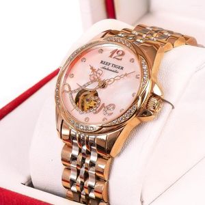 Orologi da polso Reef Tiger/RT Orologio da donna automatico di lusso con diamanti a forma di fiore Orologio da donna con cinturino in acciaio impermeabile in oro rosa Orologio meccanico da regalo RGA1583