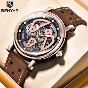 Benyar Binya Fully Automatic Mechanical Hollow Out Fashion Waterproof Trendy Belt Watch Men s