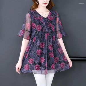 女性用ブラウスサマーファッション印刷ネットヤーンVネックショートスリーブブラウス女性衣服韓国の花柄のシャツレディース特大のトップス