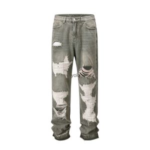 Jeans da uomo Jeans vintage lavati pesanti americani strappati per uomo Pantaloni lunghi strappati danneggiati Jeans hip-hop dritti con bordo irregolare Jeansyolq