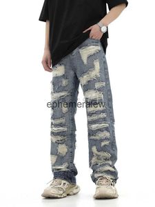 Men's Jeans 2023 American style high street washed personalized torn hole cut straight tube loose fitting jeans versatile for men and womenephemeralew