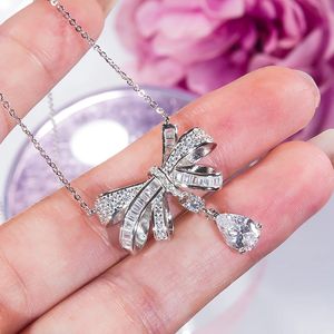 S925 Sterling Silver Platinum Plated Pt950 Necklace High Carbon Diamond Bowknot Pendants Clavicle Chain for Women Fine Jewelry 240112