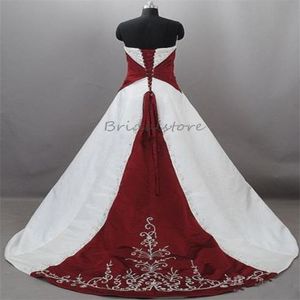 Retro Bourgogne med vit bröllopsklänning gotisk sexig stropplös satin broderi bröllopsklänningar elegant korsett snörning slott fancy brudklänning viktoriansk brud 1950 -tal