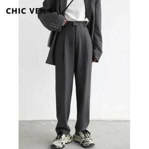 Chic Ven Simple Casual Women Twill Suit Pants Wide Leg Pants Straight Floor Pants Office Ladies Kvinnliga byxor 240111