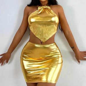 Arbeitskleider Metallic Neckholder Crop Top und Minirock 2-teiliges Set Damen Outfit 2024 Goldpaket Y2K Nachtclub Anzug