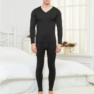 Men's Thermal Underwear 2 Pcs/Set Men Warm Thick Thermo Homewear Pajamas Bottoming Set Winter Long Johns V Neck Elastic Fleece