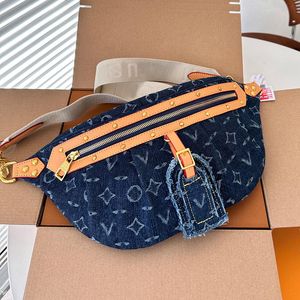 Grande capacidade feminina designer denim sacos bolsa de peito pacote de cintura 42x19cm larga alça de náilon ajustável rebites de ouro decoração dois tons flor padrão bolsa de ombro