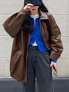Black PU Leather Jacket Women Korean Fashion Moto Biker Zipper Jacket Female Autumn Winter Vintage Loose Long Sleeve Y2K Coat 240111