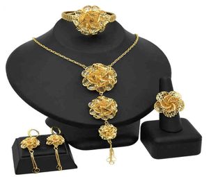 Luxuoso feito à mão flor dubai africano ouro cheio conjuntos de jóias moda jóias feminino presente da dama de honra 9987720