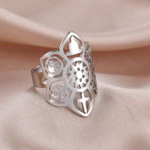 Lotus Flower Ring 14K White Gold Yoga Cross Star of Davd Yinyang Moon Star Bell Rings 6 filosofier Spirituella smycken