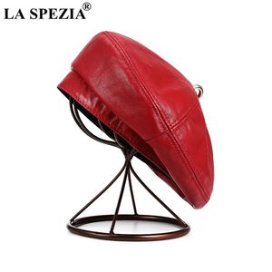 Berets La Spezia Women Beret Hat Vintage Red Womens Hats Genuine Leather Sheepskin Solid Red Blue White Black Autumn Winter Hat