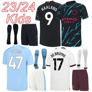 Man City Soccer Jerseys 2023 Home Away Kids Football Jersey Kits 23 24 Haaland de Bruyne Foden Boys Third Shirt Kit + Socks 24 Camiseta Futbol Maillot Foot Maglia