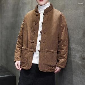 Roupas étnicas Masculinas Estilo Chinês Algodão-Acolchoado Jaqueta Vintage Tang Terno Hanfu Grosso Corduroy Outono / Inverno Jaquetas Sólidas